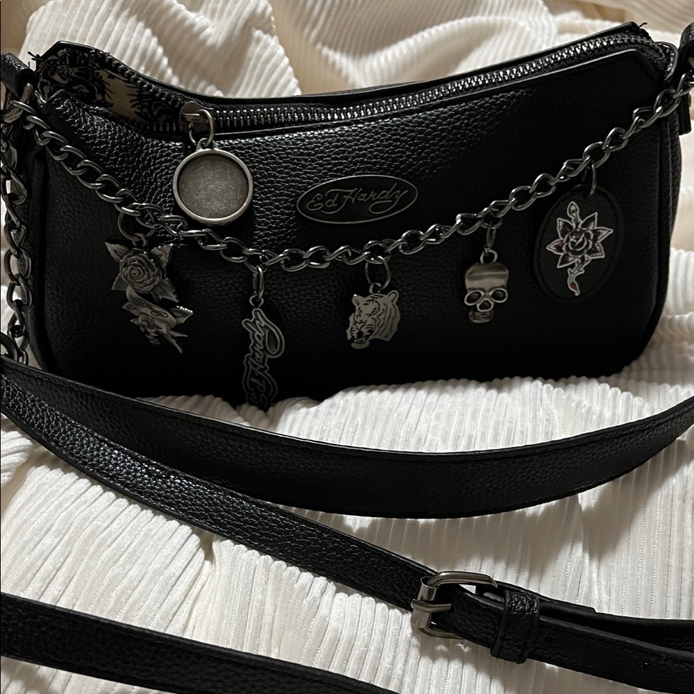 Ed Hardy Black Shoulder Bag with Chain Accents